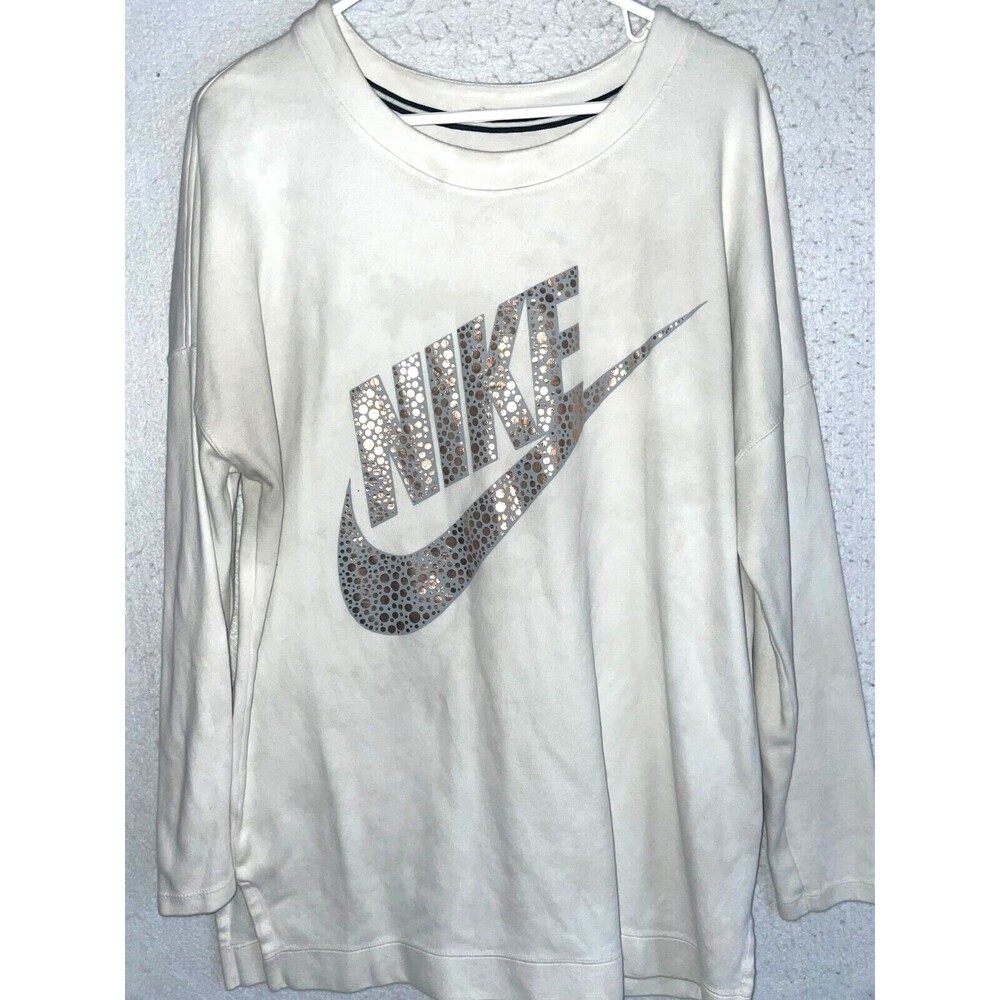 Nike Bling Logo Sweatshirt Women's Sz L Oversized Long sleeve White Gold top